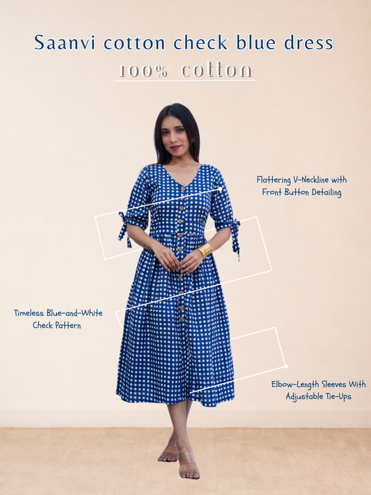 Saanvi cotton check blue dress