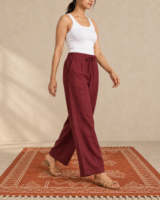 Maroon cotton slub palazzo pant - walking view