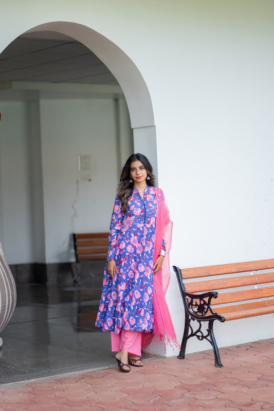 Oviya blue floral suit set with pink pant and dupatta - full length view