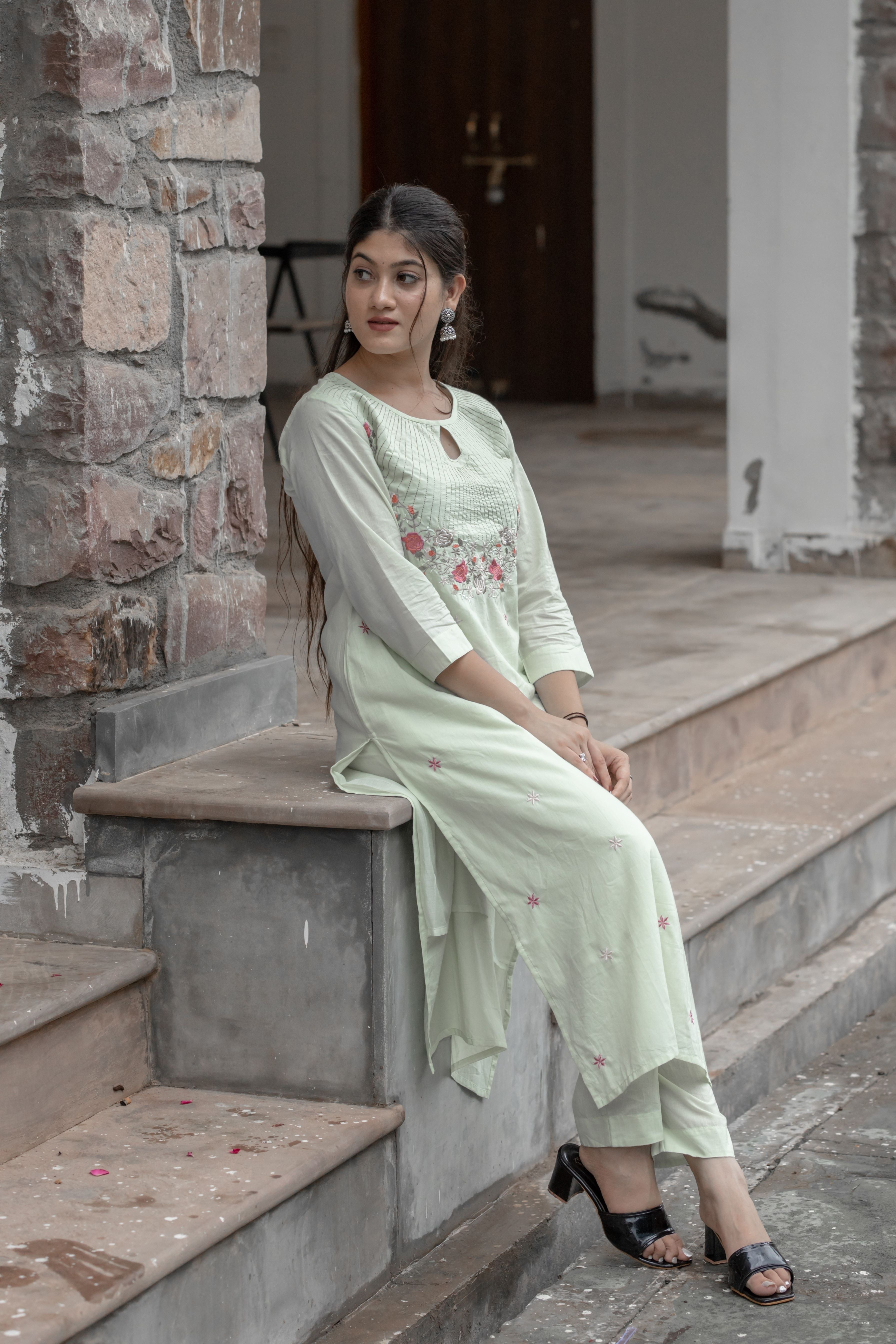 Mint Green Designer Embroidered Suit Set