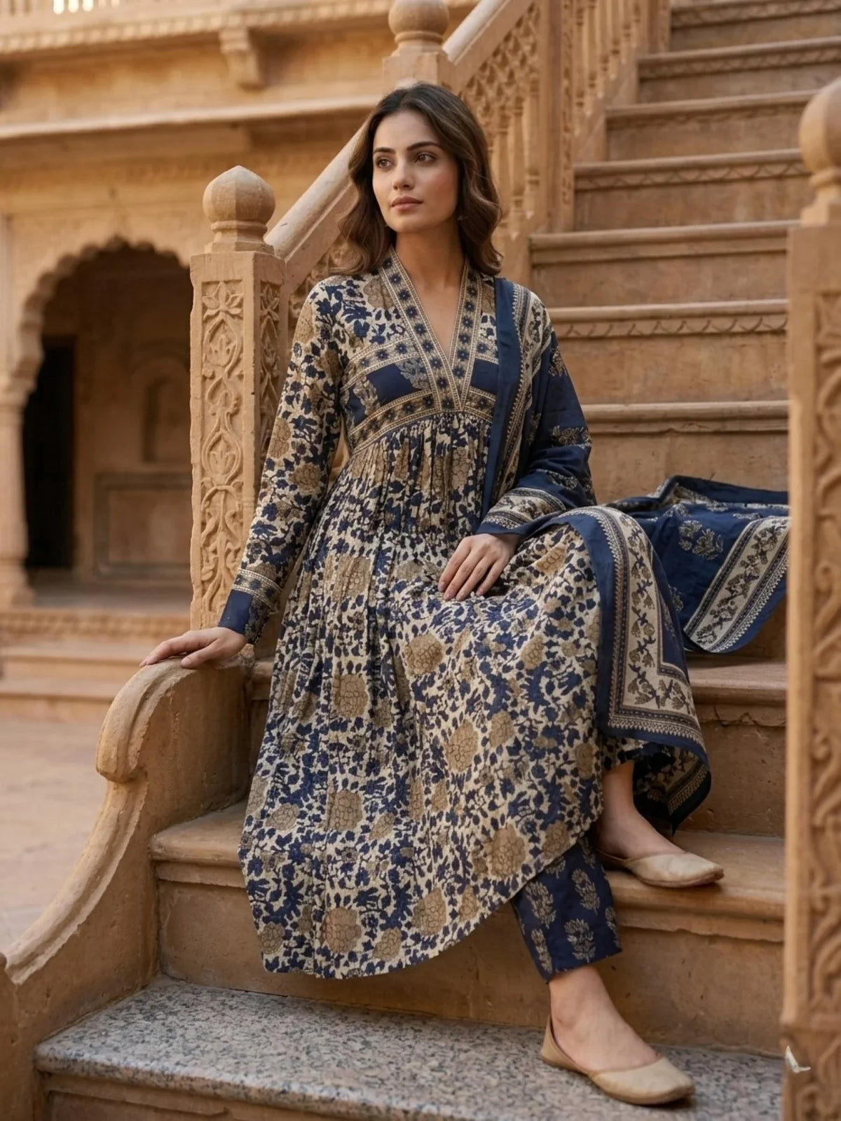 Blue Alia Cotton Suit Set