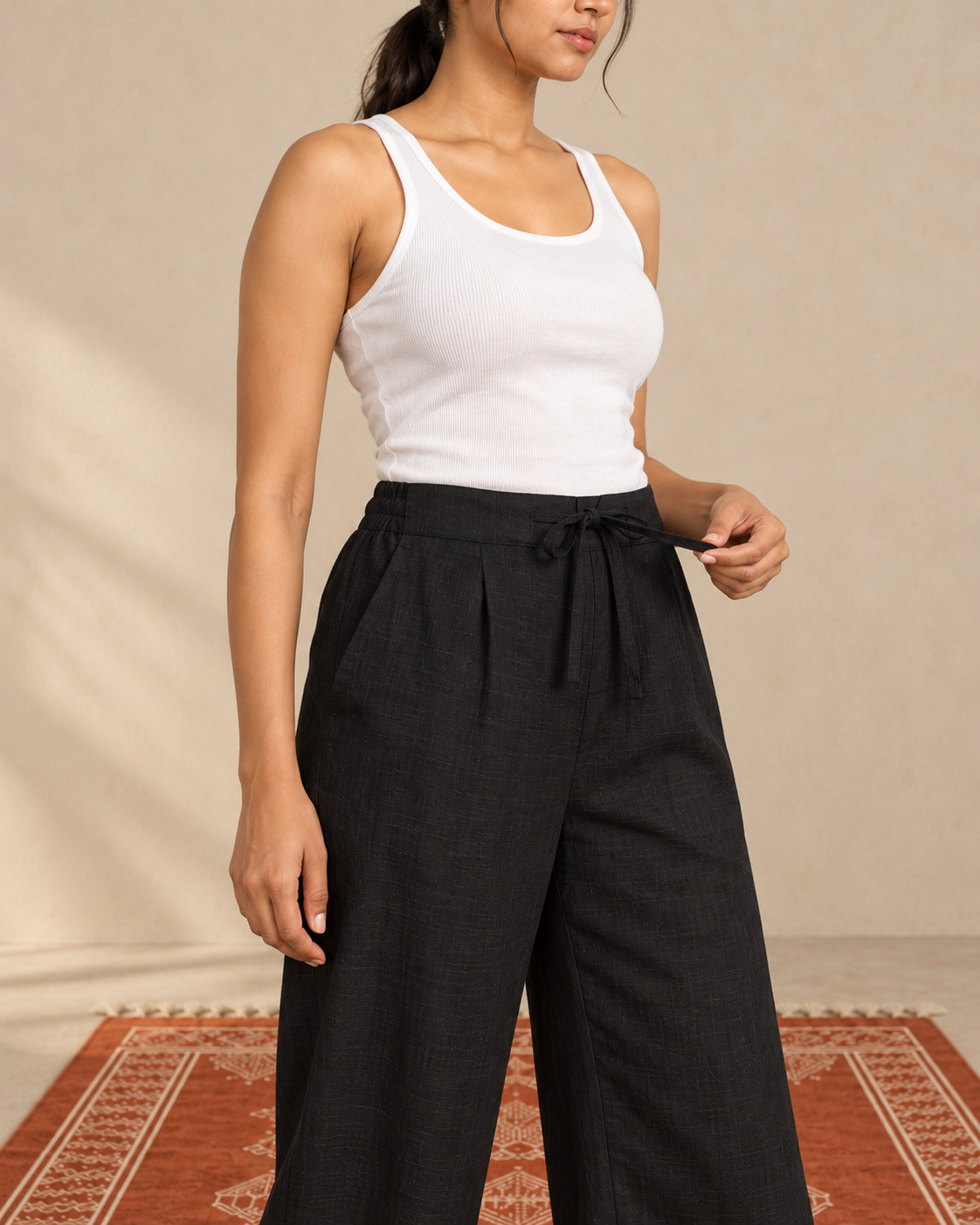 Black cotton slub palazzo pant - waist detail
