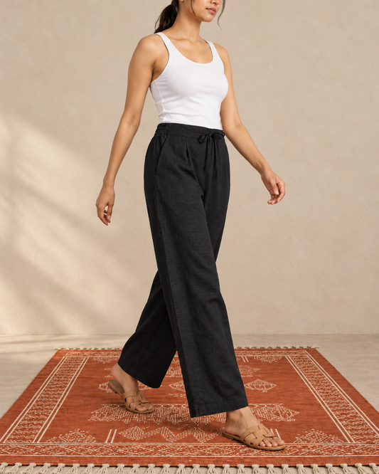 Black cotton slub palazzo pant - walking view