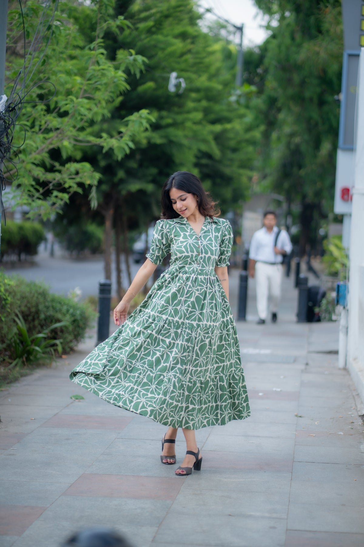 Amelia Green Handblock Tiered Dress