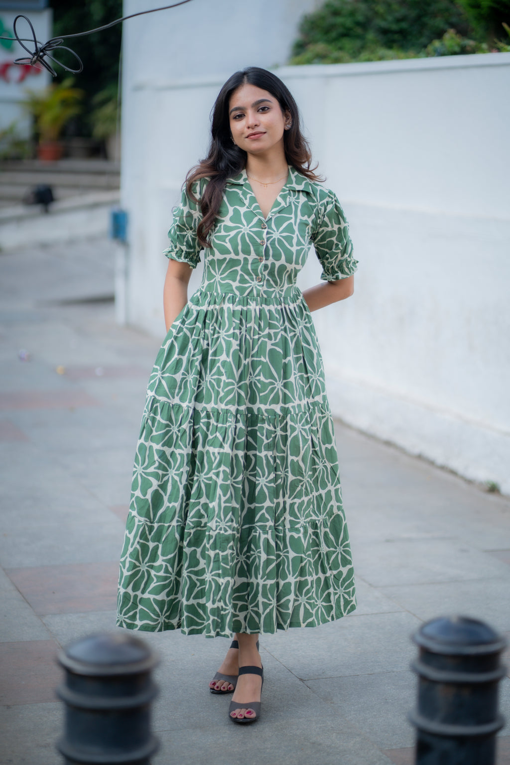 Amelia Green Handblock Tiered Dress