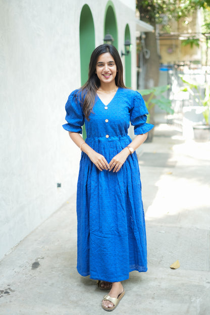 Royal Blue Schiffli Hakoba cotton Dress