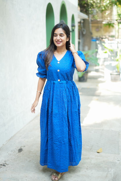 Royal Blue Schiffli Hakoba cotton Dress