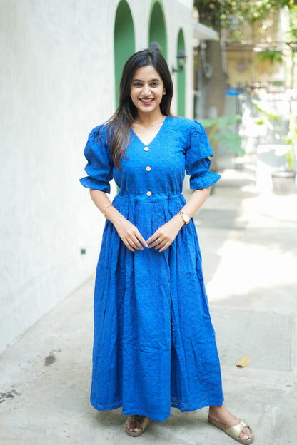 Royal Blue Schiffli Hakoba cotton Dress