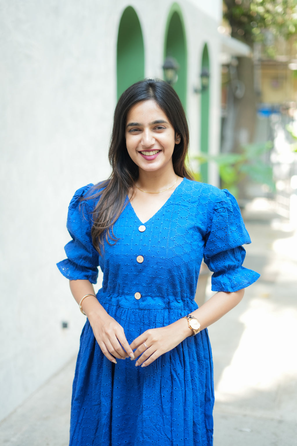 Royal Blue Schiffli Hakoba cotton Dress