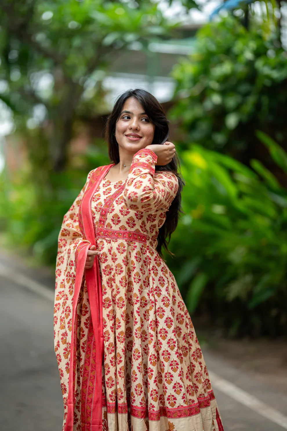 Handblock Printed Cotton Anarkali Suit Set