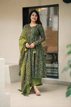 Green Ajrakh Print Cotton Anarkali Suit Set