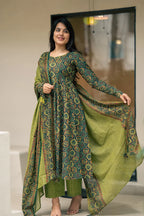 Green Ajrakh Print Cotton Anarkali Suit Set