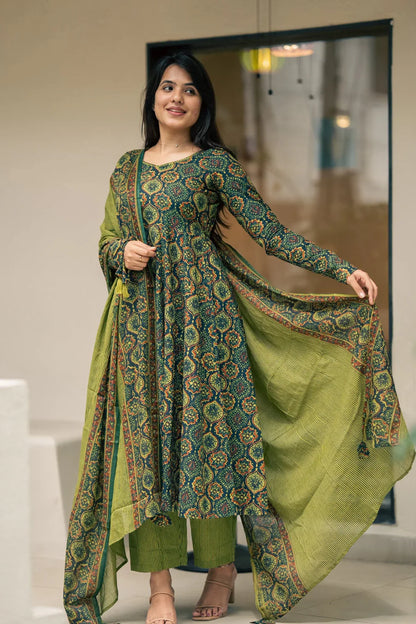 Green Ajrakh Print Cotton Anarkali Suit Set