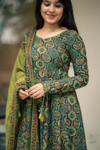 Green Ajrakh Print Cotton Anarkali Suit Set
