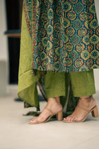 Green Ajrakh Print Cotton Anarkali Suit Set