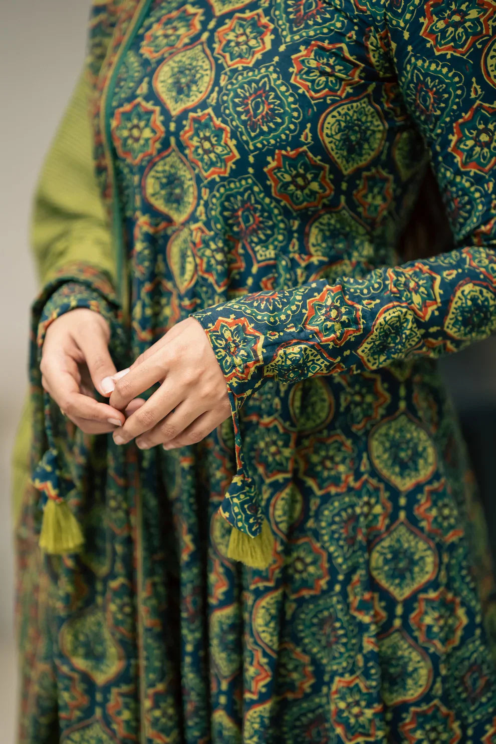 Green Ajrakh Print Cotton Anarkali Suit Set