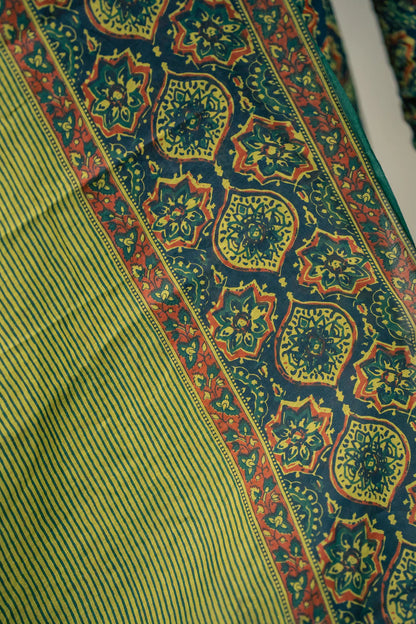Green Ajrakh Print Cotton Anarkali Suit Set