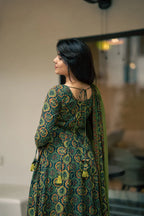Green Ajrakh Print Cotton Anarkali Suit Set