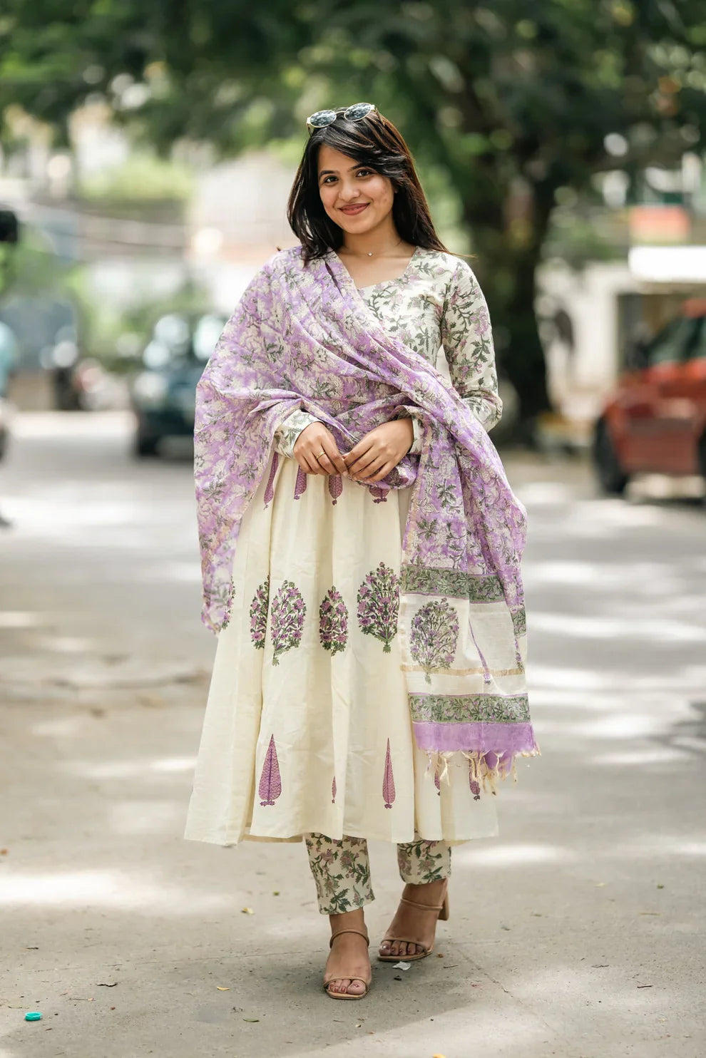 Lavender Hand Block Cotton Anarkali Suit Set