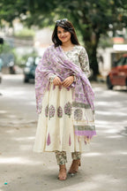 Lavender Hand Block Cotton Anarkali Suit Set