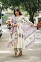 Lavender Hand Block Cotton Anarkali Suit Set