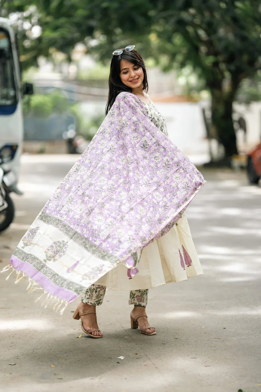 Lavender Hand Block Cotton Anarkali Suit Set