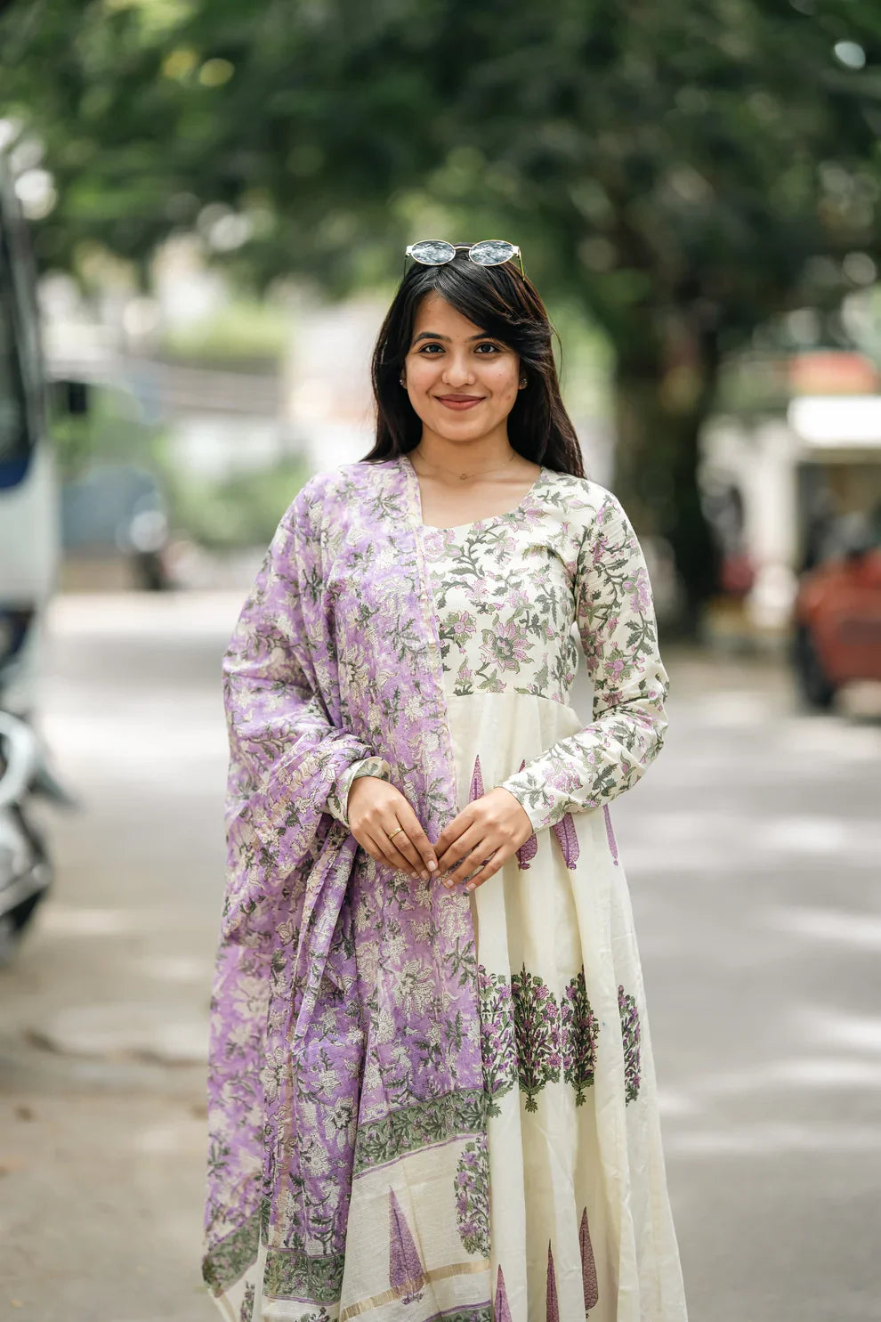 Lavender Hand Block Cotton Anarkali Suit Set