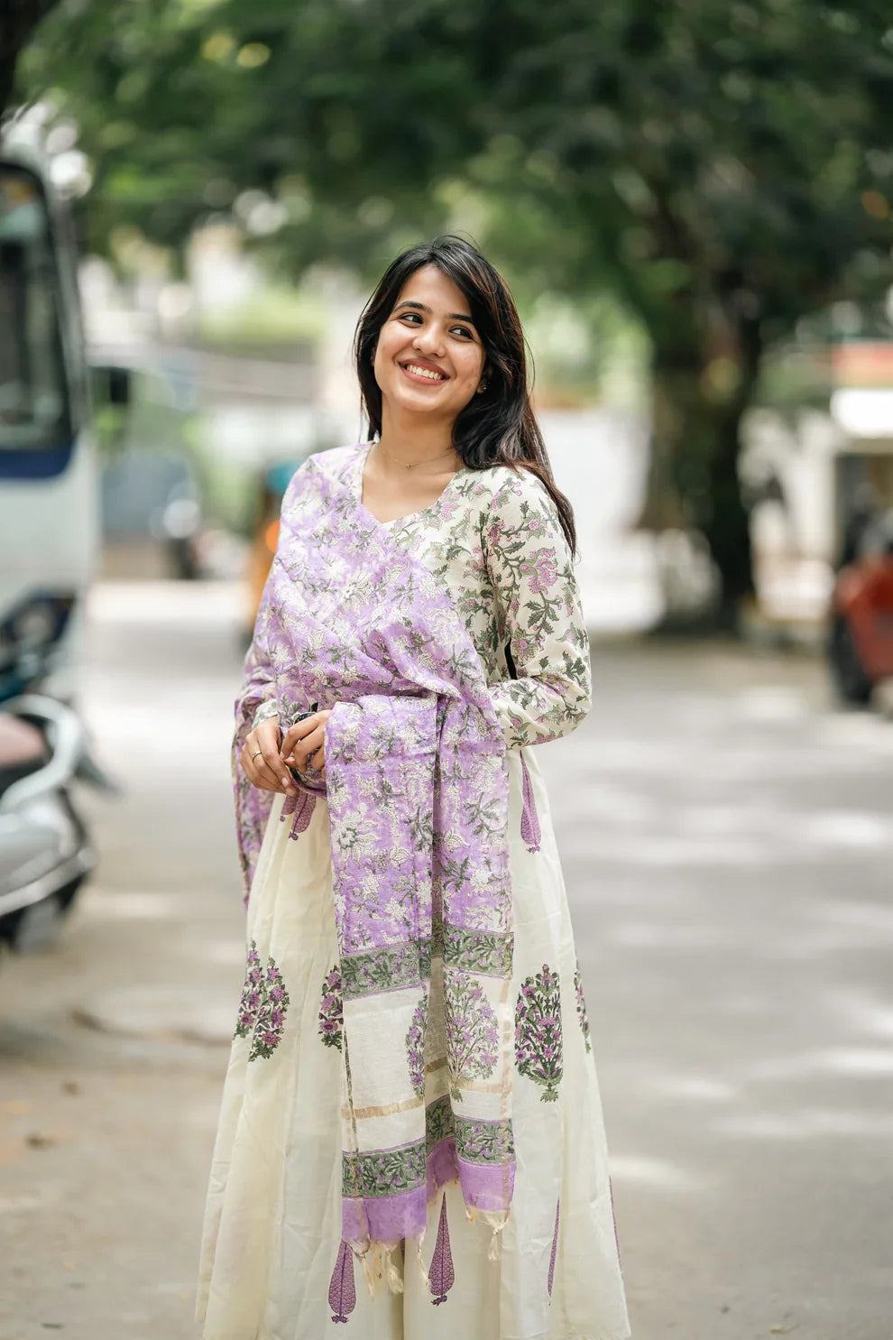 Lavender Hand Block Cotton Anarkali Suit Set