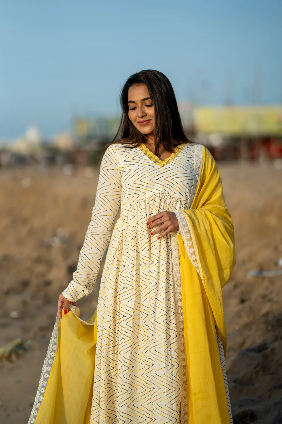 Yellow Cotton Alia Anarkali Suit Set