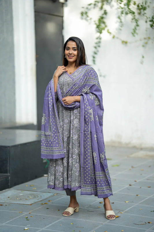 Lavender Bloom Cotton Anarkali Suit Set
