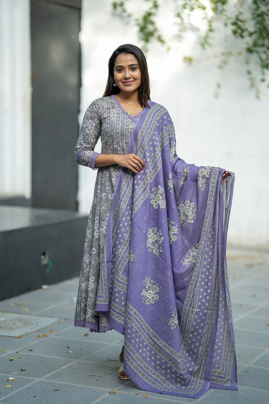 Lavender Bloom Cotton Anarkali Suit Set