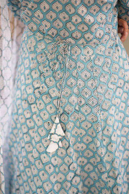 Blue Handblock Anarkali Suit Set