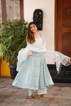 Blue Handblock Anarkali Suit Set