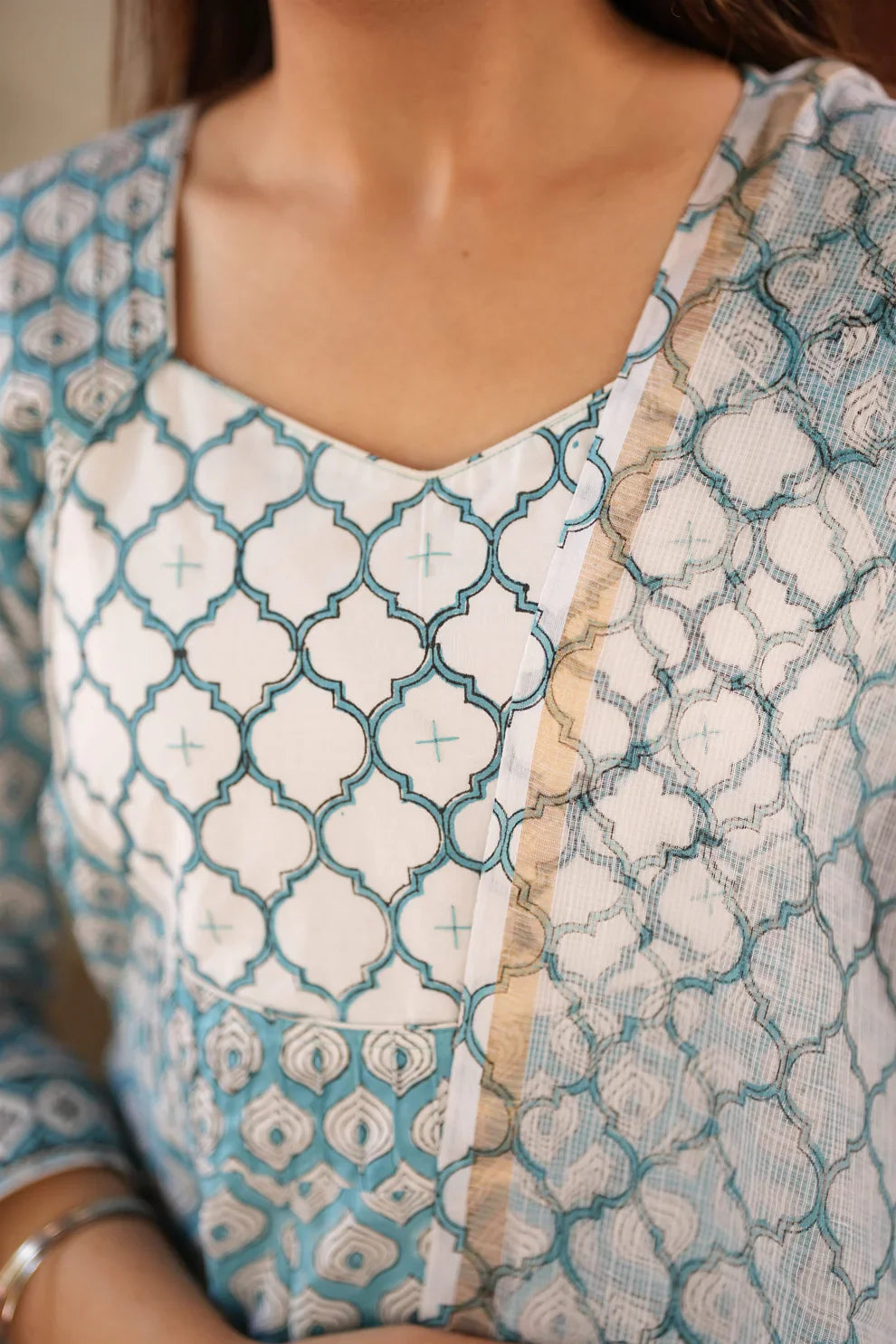 Blue Handblock Anarkali Suit Set