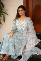 Blue Handblock Anarkali Suit Set
