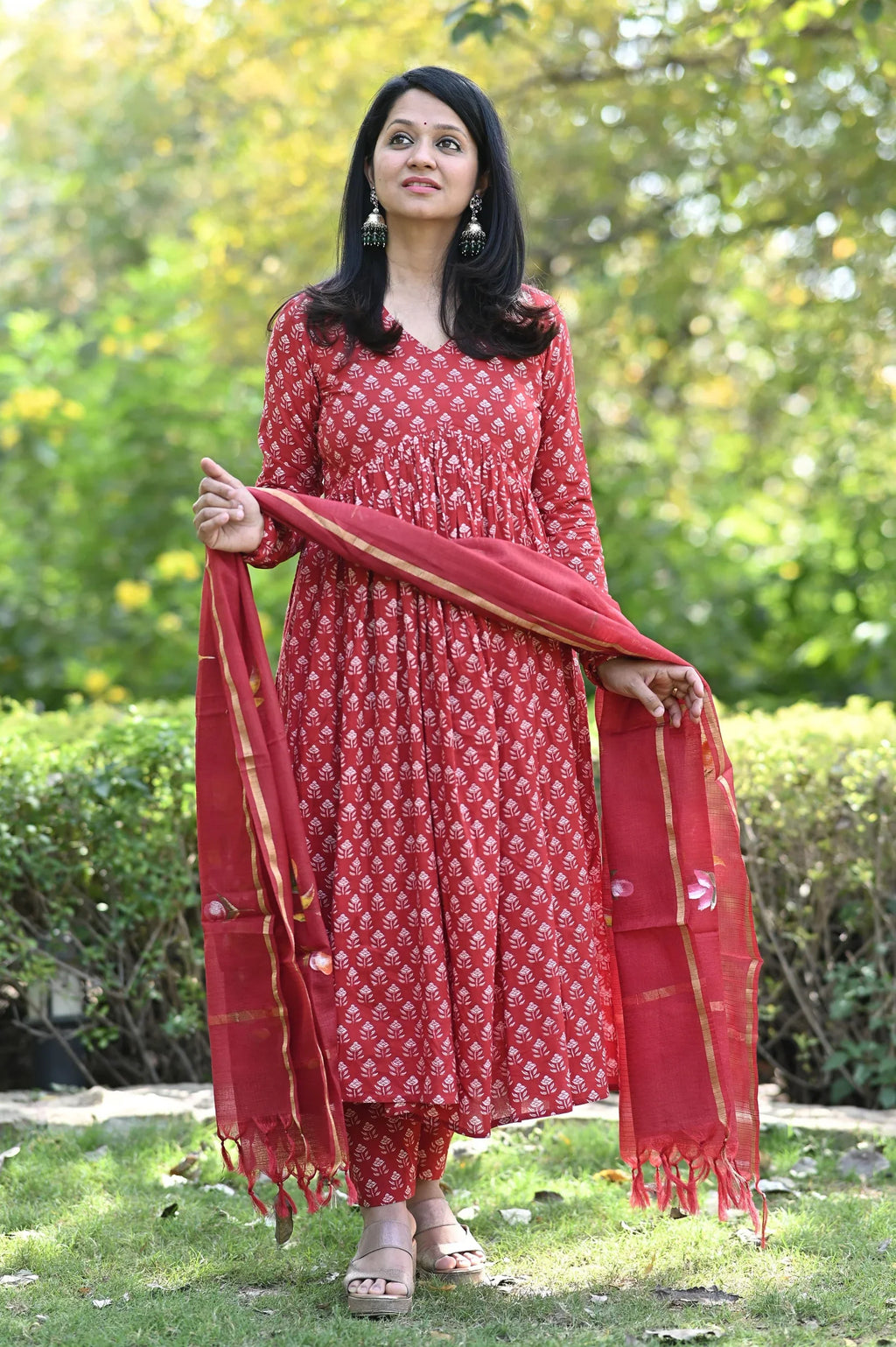 Red Heritage Anarkali Cotton Suit Set