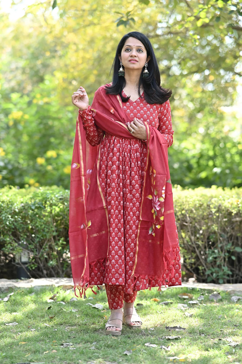 Red Heritage Anarkali Cotton Suit Set