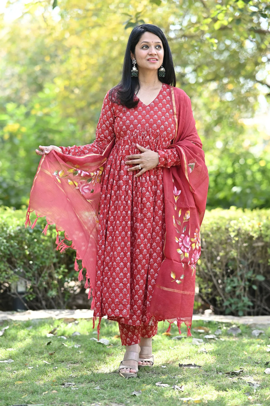 Red Heritage Anarkali Cotton Suit Set