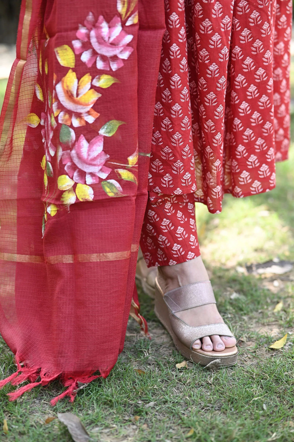 Red Heritage Anarkali Cotton Suit Set