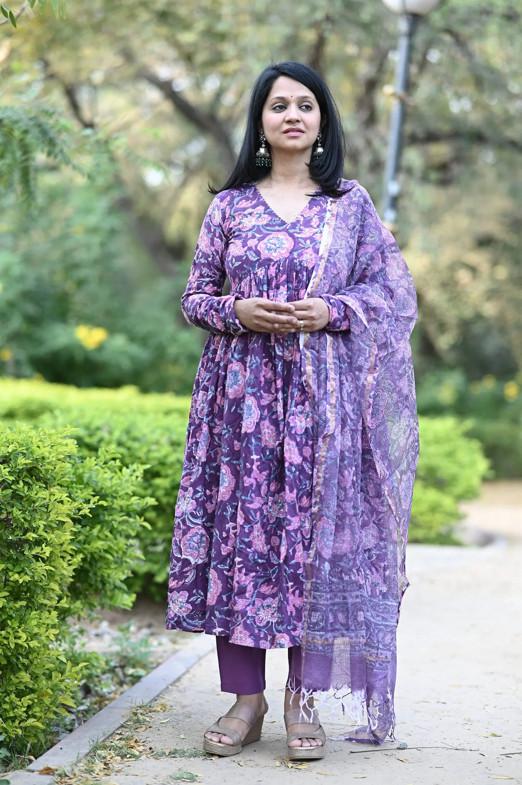 Purple Alia Anarkali Handblock Cotton Suit Set