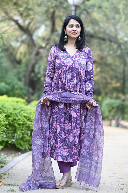 Purple Alia Anarkali Handblock Cotton Suit Set