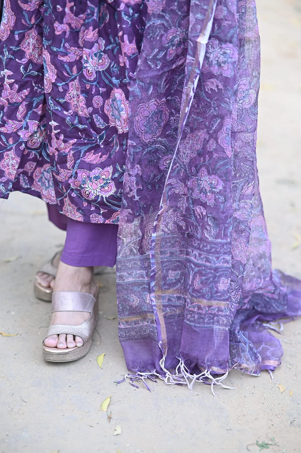 Purple Alia Anarkali Handblock Cotton Suit Set
