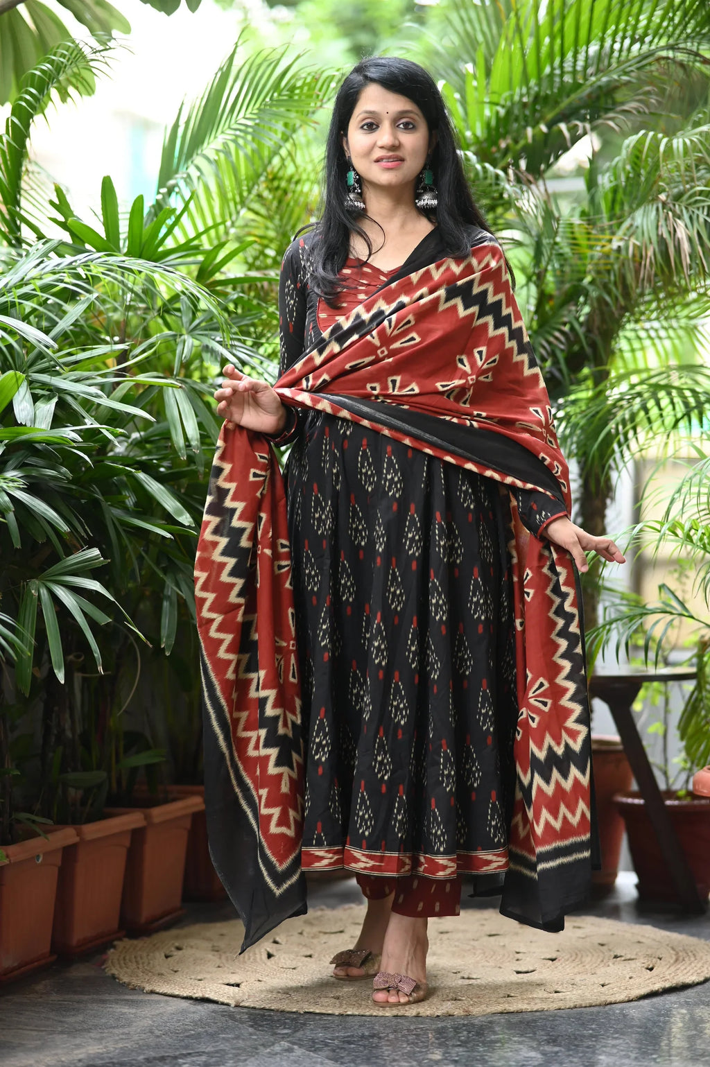 Red and Black Ikkat Cotton Anarkali Suit Set