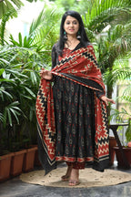 Red and Black Ikkat Cotton Anarkali Suit Set