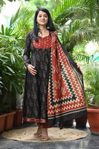 Red and Black Ikkat Cotton Anarkali Suit Set