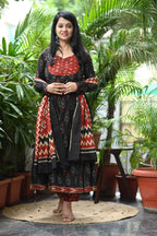 Red and Black Ikkat Cotton Anarkali Suit Set