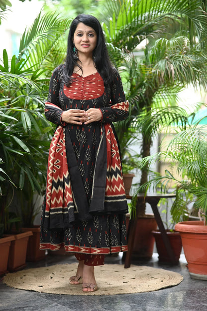 Red and Black Ikkat Cotton Anarkali Suit Set