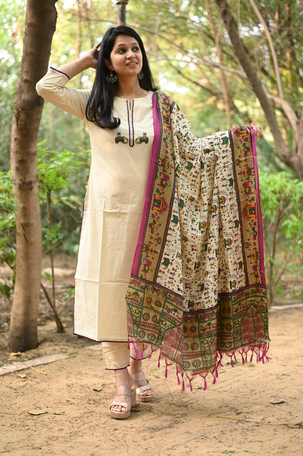 Mughal Motif Solid Cream Suit Set