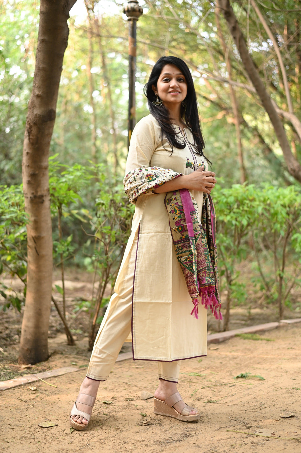 Mughal Motif Solid Cream Suit Set