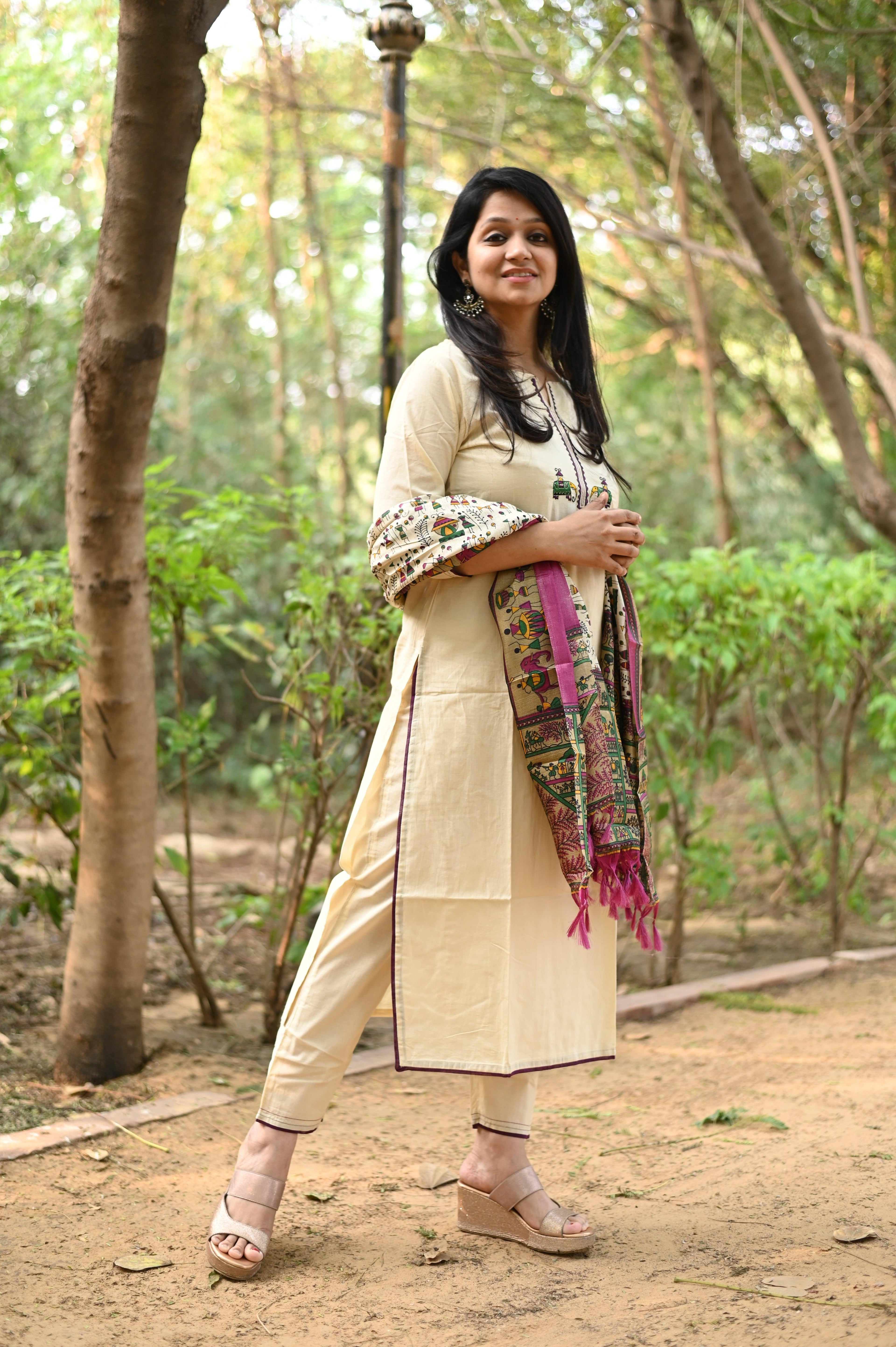 Mughal Motif Solid Cream Suit Set